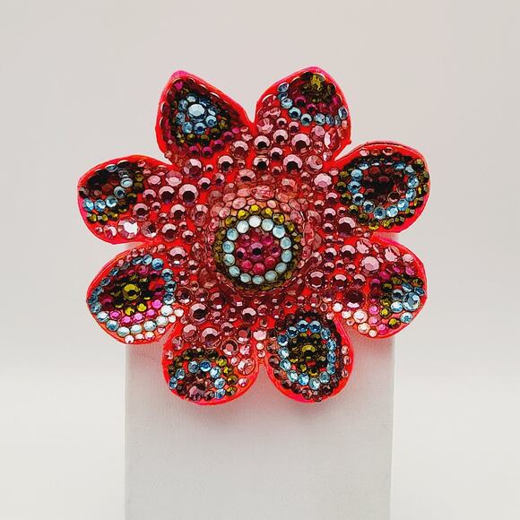Vintage 1960s Hot Pink Enamel Flower Flat Back Rhinestones Large Brooch - Picture 2 of 8
